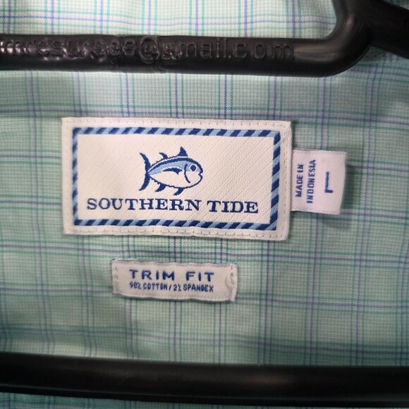 Mens Southern Tide Trim Fit Green Blue Plaid Shirt Long Sleeve Button Up Size L - Picture 2 of 7